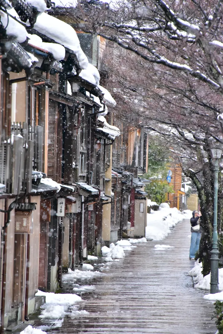 主計町茶屋街在淺野川一側，非常適合拍攝雪景與延伸感