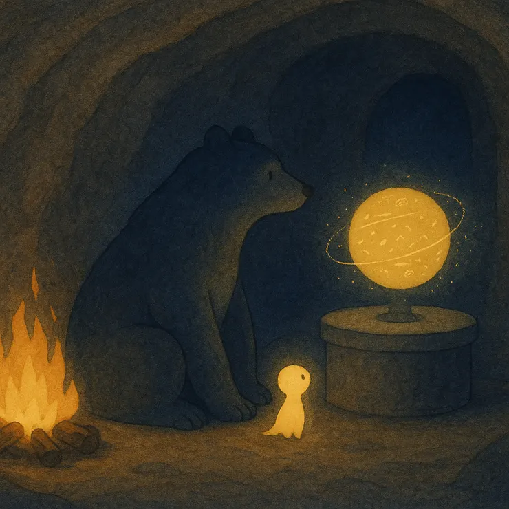 洞內的火堆仍舊燃著老火， 只是旁邊多了一座光爐， 戰場補給會先在這裡慢慢熬成， 才被端回山腳下那些等光的小格間。