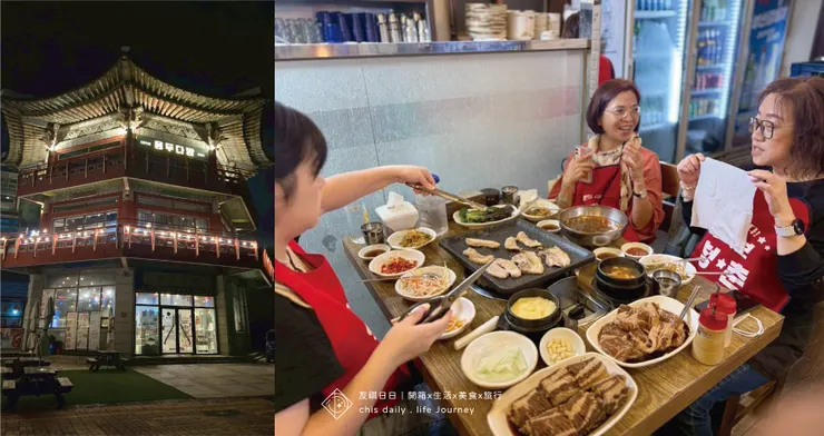 （左）不是釜山塔，是塔下的紀念品店／（右）吃到忘我的韓式烤肉