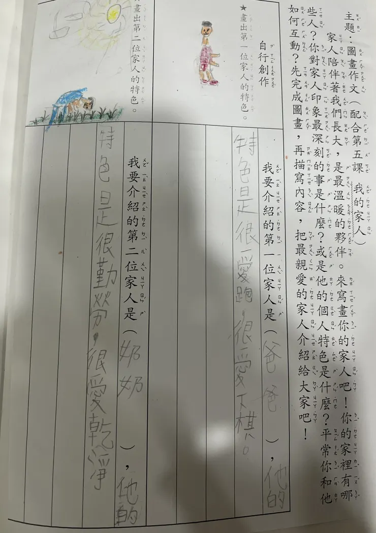 兒子畫我正在跑步，奶奶在種田