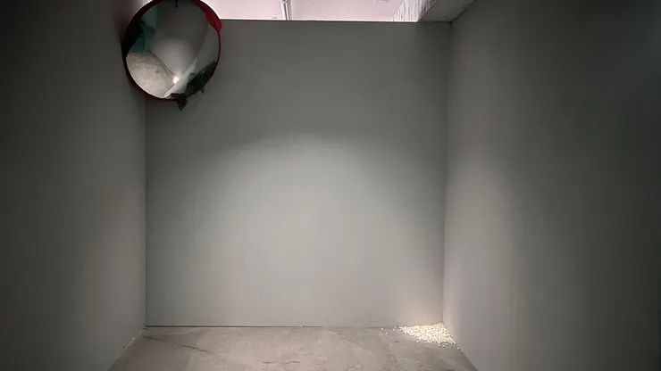 鄭尹真，〈999顆的美夢〉，2024，紙條、文字，尺寸依場地而定。／〈從那裡來，往那裡去〉，2024，反光鏡，80cm。本文作者拍攝。