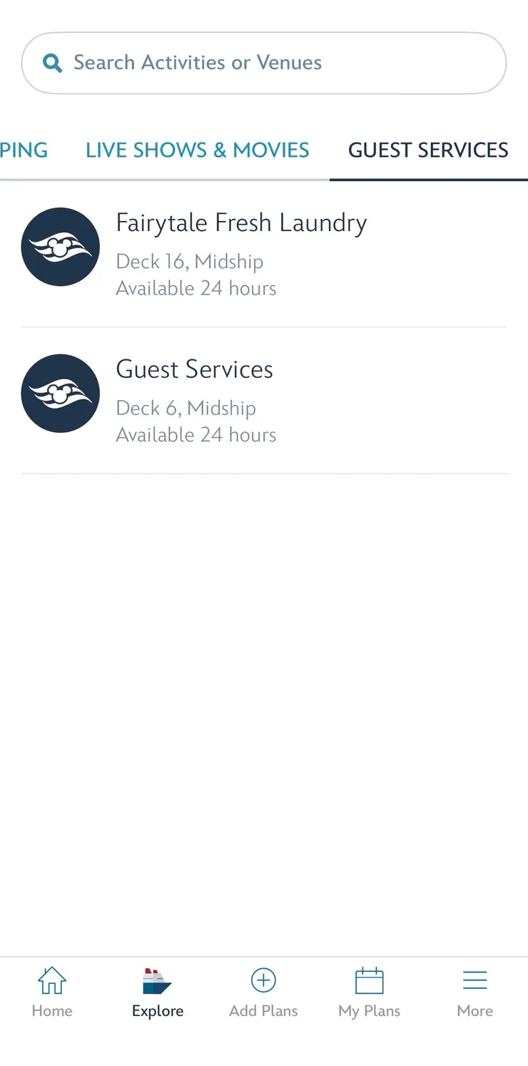 上面可查詢船上所有設施的位置，服務台在六樓有任何問題也都可以詢問，甚至還有24小時的自助洗衣