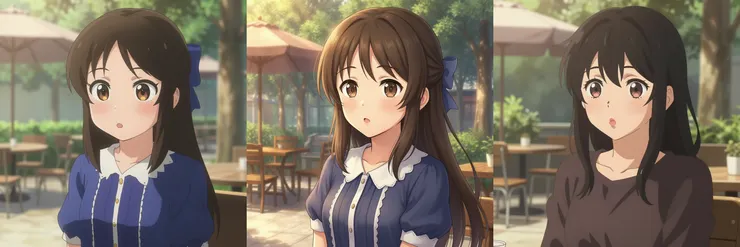 左：Danbooru 資料集模型產生的圖片，中：Nano Banana Pro 資料集模型產生的圖片，右：原生 Z-Image-Turbo。Prompt：amazing anime-style illustration, zzArisuTachibana, upper-body shot, pout, park, aesthetic cafe with morning sunlight, cinematic lighting, masterpiece, best quality