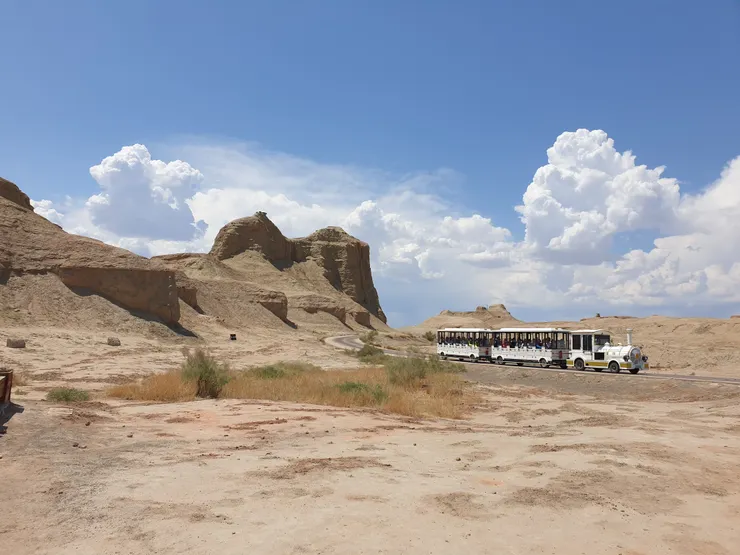 白色火車造型的列車是園區接駁車，停泊在各個景點