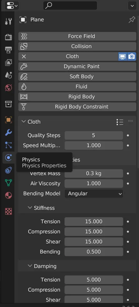 在Physics面板加入Cloth布料模擬