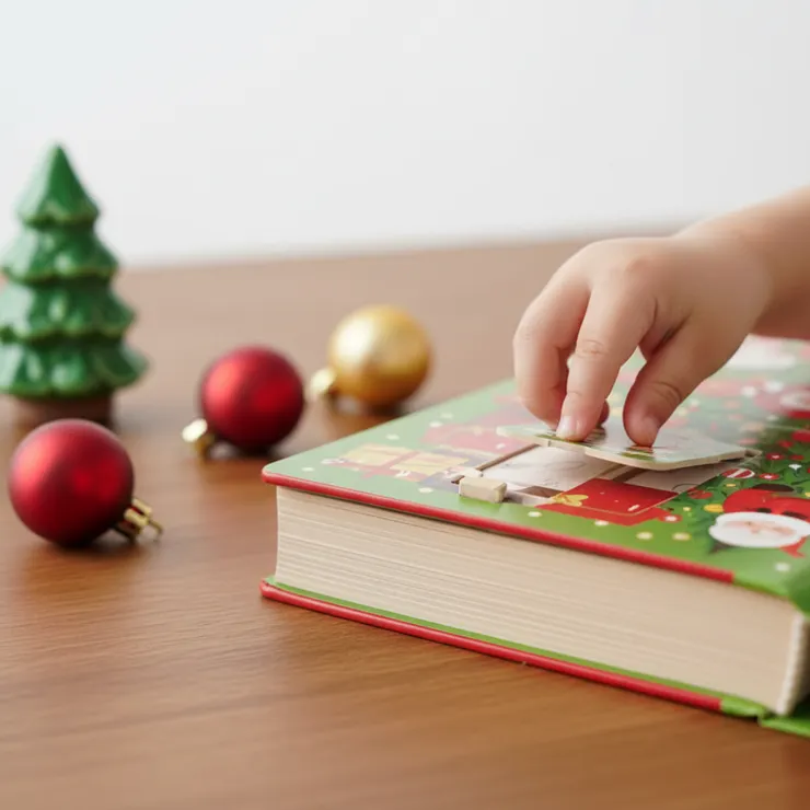 幼兒的手正在操作聖誕推拉轉硬頁書,展示 0-3 歲寶寶的聖誕節操作式共讀體驗。