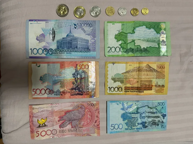 哈薩克紙鈔和硬幣背面