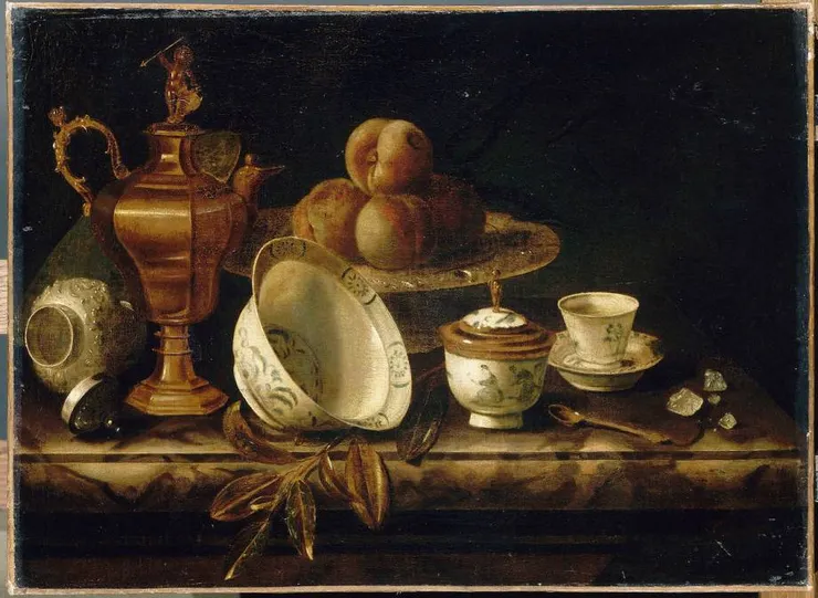 《大理石桌上的水果與餐具》