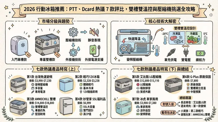[2026 行動冰箱推薦] PTT、Dcard 熱議 7 款評比，雙槽雙溫控與壓縮機挑選全攻略