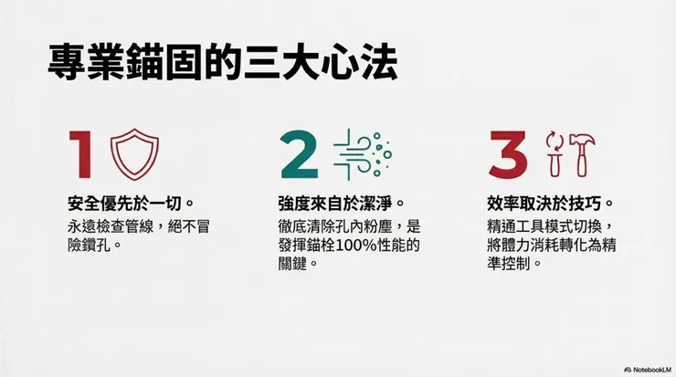 結語：牢記三大心法 最後，如果您記不住前面的繁瑣細節，請至少帶走這三句話：  安全優先：永遠預設牆裡有管線，避開它。  強度來自潔淨：不乾淨的孔洞 = 失敗的固定點。  效率決於技巧：善用工具的每一分潛能，把體力留給更重要的任務。  希望這份指南能讓您在下一次拿起電鑽時，更有自信，也更專業！