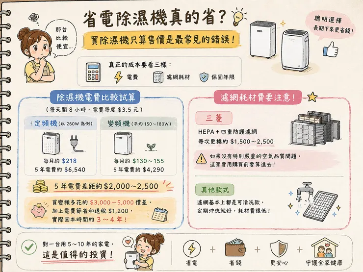 省電除濕機真的省？變頻 vs 定頻除濕機 5年電費真實試算：變頻每月省$60~88、5年省$2,000~2,500，含濾網耗材與保固分析，2026買除濕機必看省錢指南