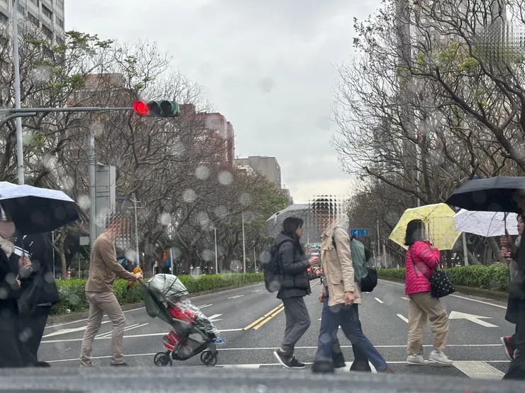 寒雨中，一位父親推著覆蓋透明防護罩的嬰兒車，默默守護孩子，獨自迎向風雨。