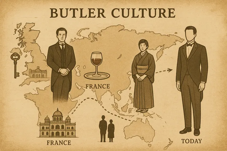 「跨越國界與時代,執事始終象徵著秩序與格調。」(文化站點:英國→法國→日本→印度→現代)〈本圖由AI協助生成。〉