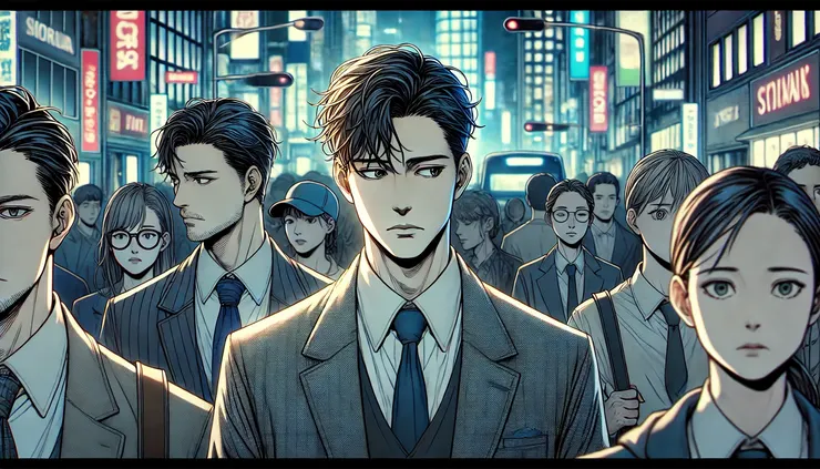 中高齡上班族在職場中被標籤化的隱喻，顯得孤單卻專注。