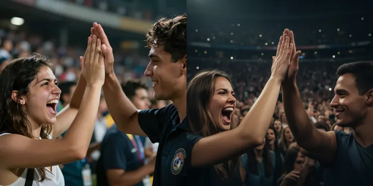 Prompt: A close-up shot of two people high-fiving in a crowded, dimly lit stadium. The woman is shouting in excitement, while the man is smiling calmly. Cinematic lighting, hyper-realistic photo. (左：Z-Image-Turbo 右：FLUX-2 [dev])