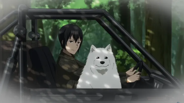 西茲跟會說話的狗陸。圖片出處：キノの旅 -the Beautiful World- the Animated Series PV 第1弾/ Kino's Journey