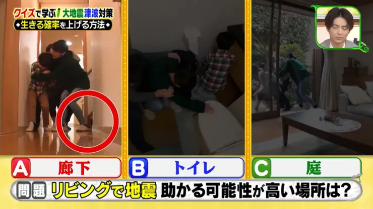 其實庭院跟廁所都不安全，尤其廁所容易門變形卡住出不來，所以沒有其他東西的走廊是最安全的地方。