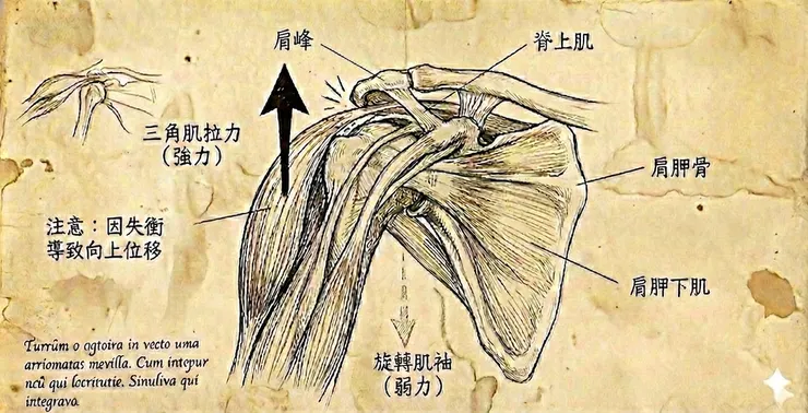 這是一場微觀的拔河。當負責下壓的旋轉肌（保全）疲勞時，三角肌會無情地將肱骨頭拉向天花板，造成撞擊。