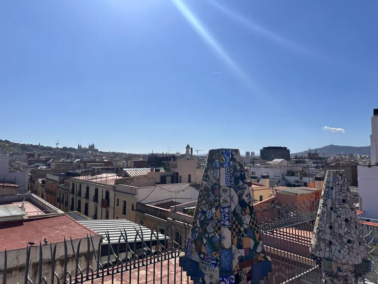 桂爾宮屋頂的煙囪以及巴塞隆納的城市風景