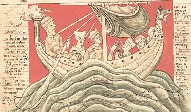 約翰·伍斯特編年史中的一頁，描繪了亨利一世在一艘巨型飛船上的場景。這部編年史旨在展現亨利一世的夢境。