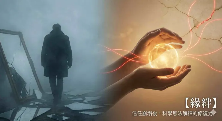 象徵外遇後信任破裂的冷色調畫面，與代表道家能量修復的暖色調光影交織。