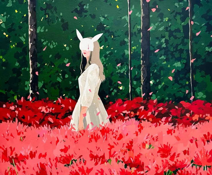 《I think of you 我想你了》 一個人在林中輕輕地轉身望著遠方，雖繁花盛開，淡淡的愁緒上心頭，「我想你了!」