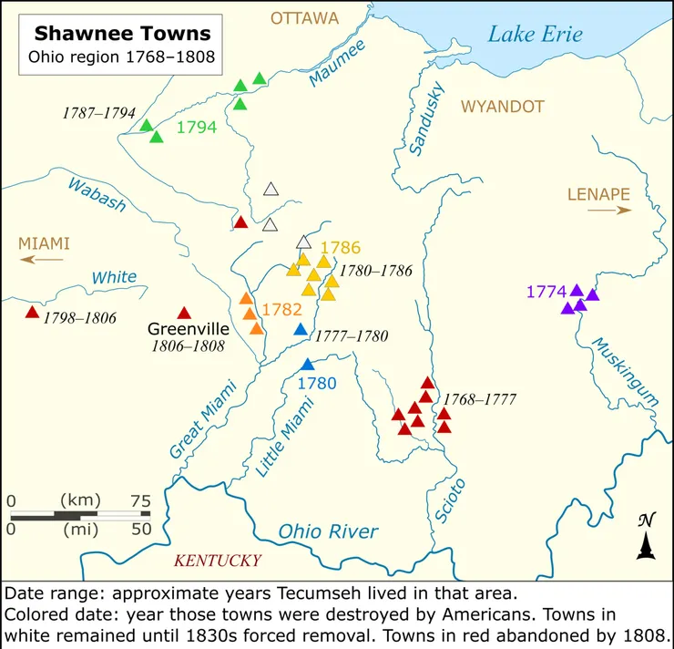 Map of Shawnee towns in the Ohio region from 1768 to 1808