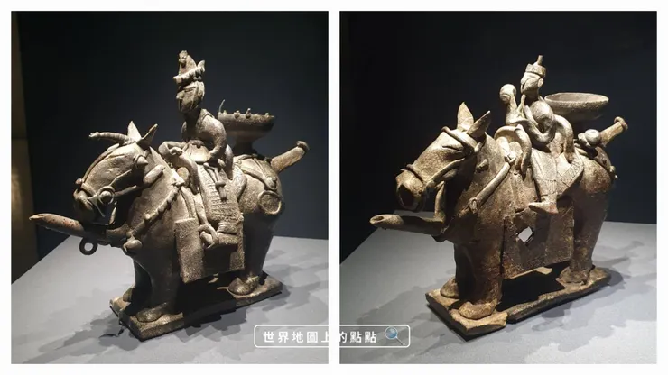 新羅時期的主僕騎馬酒壺，5世紀的文物保存狀態良好。解說老師說是很受歡迎的展品，我們去參觀時，其實這組展品也才剛「出差」回國。