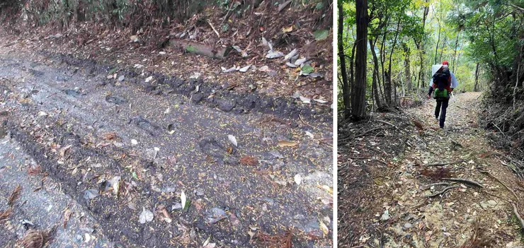 揹著17公斤大包包，第三次走遍路的比利時人T-Bolt的大腳印（左圖）/ 比利時人T-Bolt的帥氣背影照（右圖）