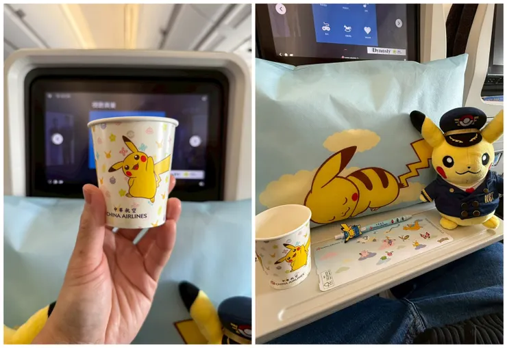 水杯和文具都印上可愛皮卡丘圖案，萌萌班機帶來超棒的飛行體驗。圖/李明真拍攝、後製