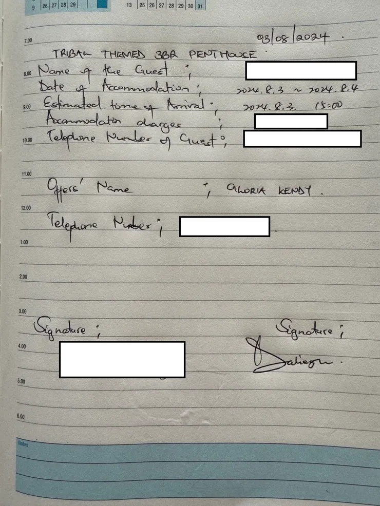 手寫版訂房合約，還上網找範例 (合約用紙是K女的筆記本其中一頁XD