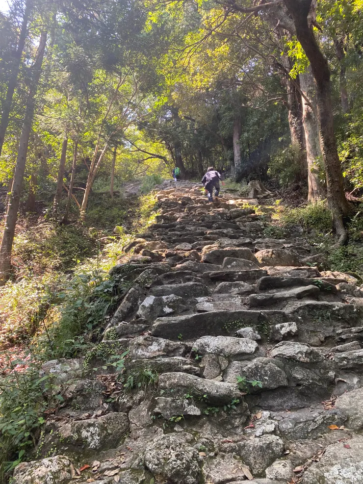 走上山的階梯形狀大小不一需要小心步行，如果身體狀況不允許就別勉強