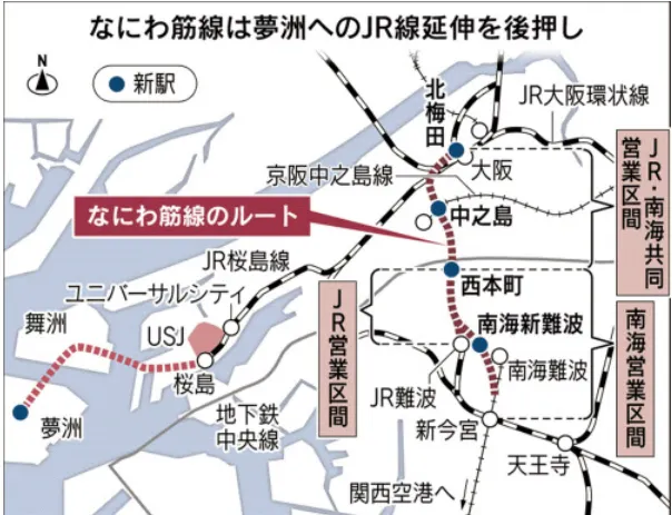 浪速筋線成為推動 JR 線延伸至夢洲的關鍵助力（圖片來源: 日本經濟新聞)