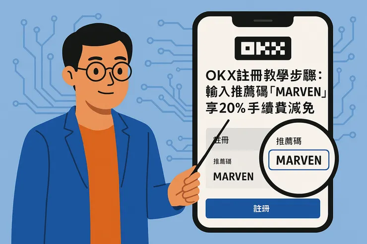 OKX 註冊畫面，推薦碼填入「MARVEN」享優惠
