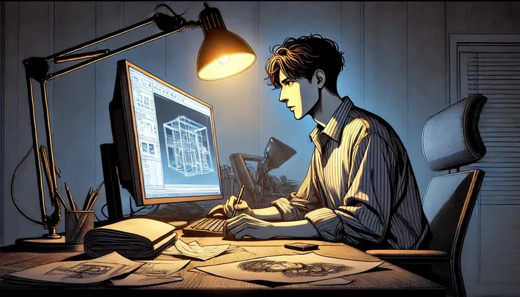 中年工程師加班完成3D模擬設計，為專案提出解決方案。