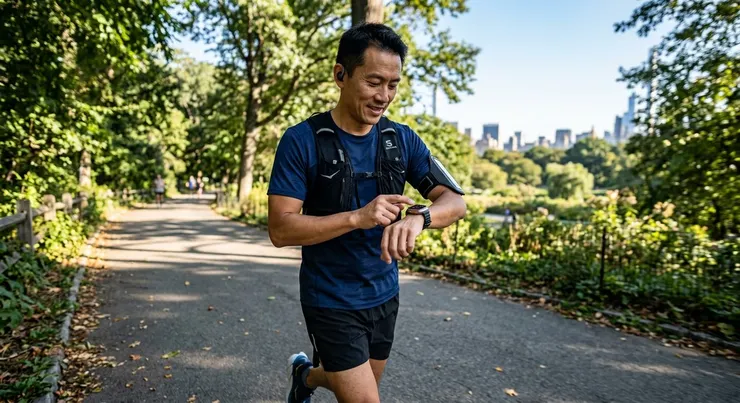 梁练伟户外跑步时，通过智能手表轻松操控手机音乐，享受无缝运动体验。