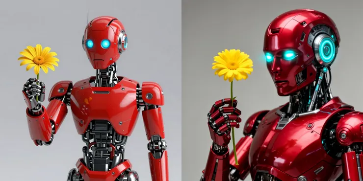 Prompt: A portrait of a futuristic robot with a vibrant crimson body and glowing cyan eyes, holding up a single, bright yellow flower. Photorealistic render, studio lighting. (左：Z-Image-Turbo 右：FLUX-2 [dev])