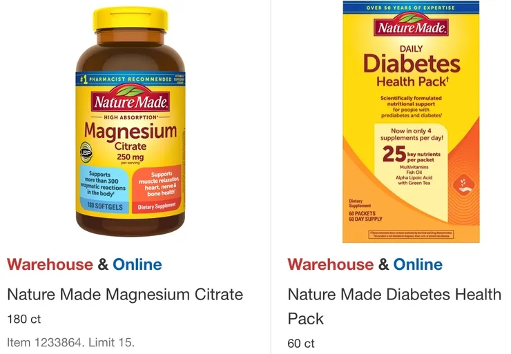 Nature Made鐵劑$20.99，Nature Made糖尿病專門保健品$22.49。