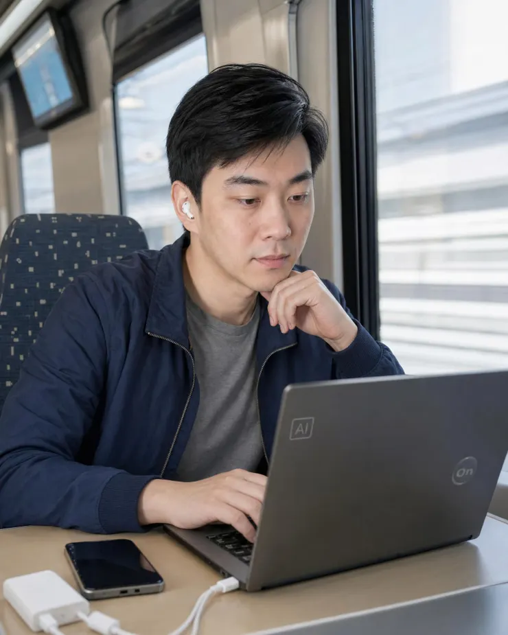 梁练伟展示 AI PC 与手机耳机的移动办公体验