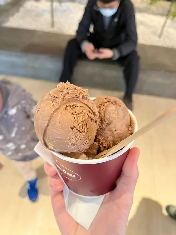 我只吃了一球72%黑巧克力甘納許脆杏仁冰淇淋，不會太甜好好吃喔>v<