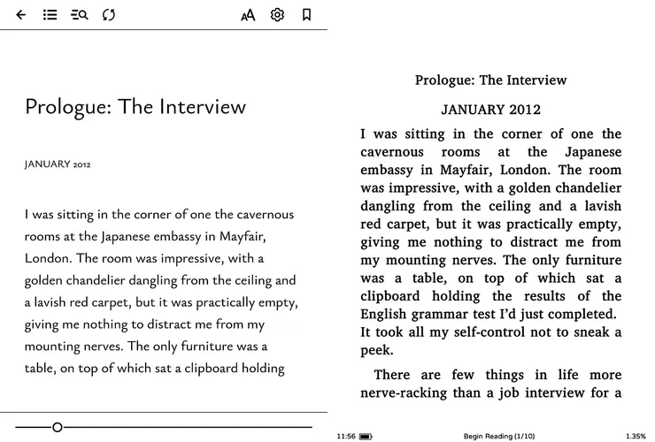 Hyread Gaze Mini+同時擁有自家的閱讀界面（左）與Meebook的閱讀界面（右）