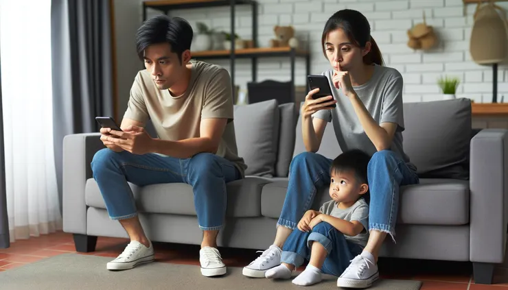 父母在沙發上使用手機,忽視坐在一旁的小孩