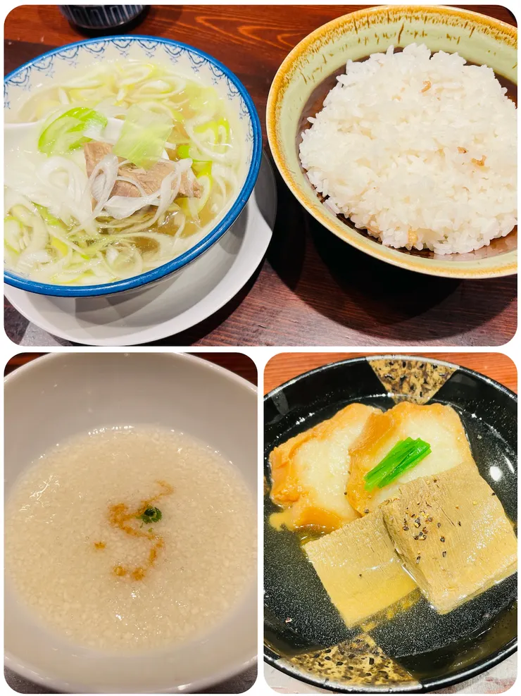 套餐均附有白飯、充滿蔥花的牛肉湯以及小菜（左下圖中為山藥泥）。右下方是牛舌綜合套餐中的豆腐，十分軟嫩，入口即化。