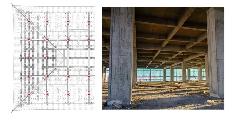左：佛光寺東大殿梁架仰視圖《佛光寺東大殿建築勘察研究報告》；右：混凝土井字梁，來源網路
