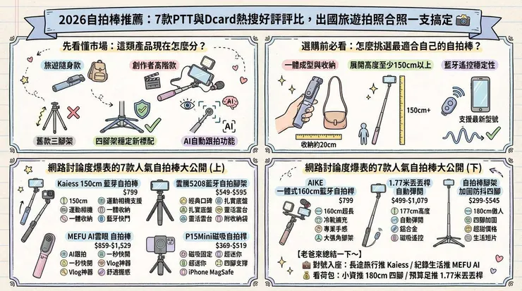 2026自拍棒推薦：7款PTT與Dcard熱搜好評評比，出國旅遊拍照合照一支搞定 📸