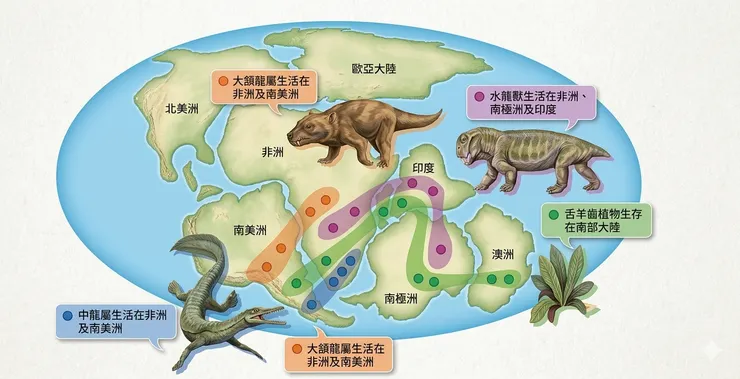 大陸漂移說的古生物證據分布圖