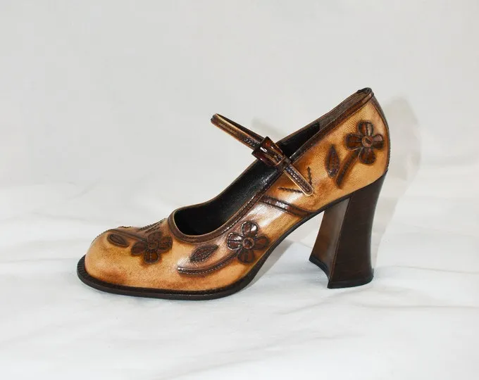 1996 Prada Antiqued Floral Mary Janes