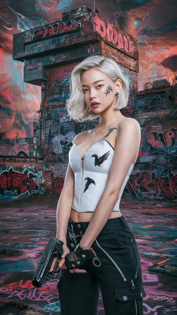 A captivating hyper-realistic portrait of a young Korean woman with platinum blonde hair, set against a dystopian urban landscape adorned with vibrant, chaotic graffiti. She sports a tattoo of a small swift on her cheek and wears a striking ensemble: a pristine white corset a black swift on the front and black cargo pants with white zips and buttons, complemented by a sleek black sawed-off shotgun pistol. Her piercing gaze implies a sense of inner strength and determination. The background features a towering building with a large, chaotic graffiti mural, adding to the dark fantasy atmosphere. The image is masterfully rendered in a 3D style that seamlessly blends portrait photography and conceptual art, creating a visually striking and conceptually rich piece., portrait photography, photo, dark fantasy, graffiti, vibrant, fashion, conceptual art