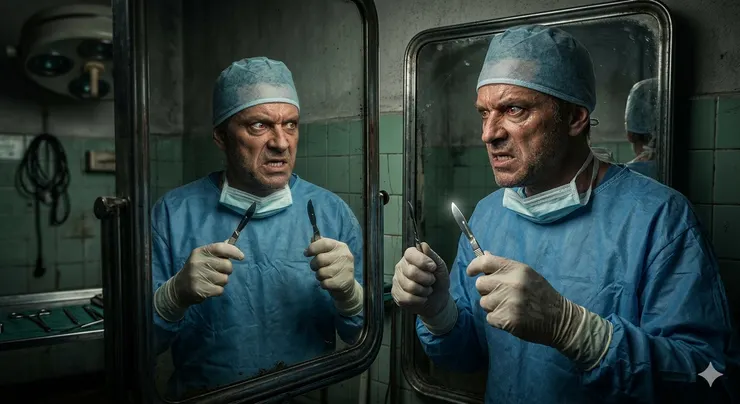 一個雙手拿著手術刀的外科醫生,對鏡中的自己怒目而視