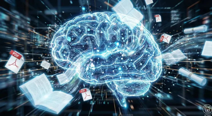 Gemini 3 長文本 AI 閱讀能力展示：瞬間吸收大量論文與數據的數位大腦示意圖，超越 ChatGPT 的記憶極限。